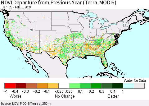 United States NDVI Departure from Previous Year (Terra-MODIS) Thematic Map For 1/25/2024 - 2/1/2024