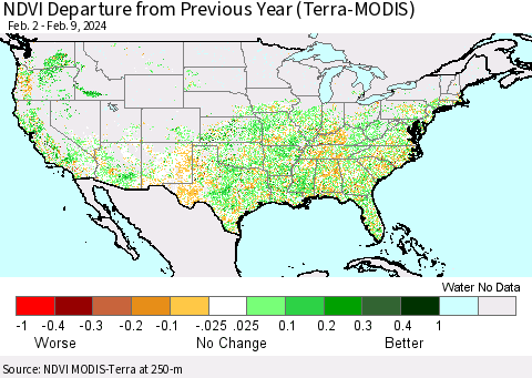 United States NDVI Departure from Previous Year (Terra-MODIS) Thematic Map For 2/2/2024 - 2/9/2024