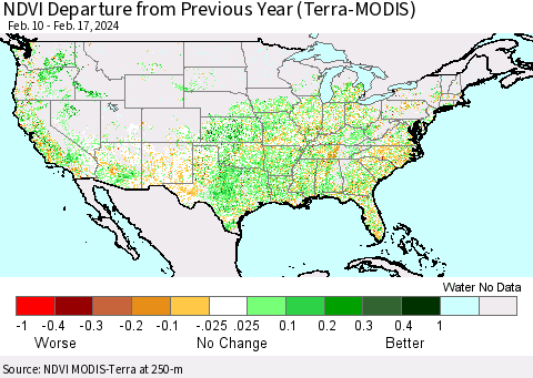 United States NDVI Departure from Previous Year (Terra-MODIS) Thematic Map For 2/10/2024 - 2/17/2024