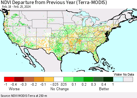 United States NDVI Departure from Previous Year (Terra-MODIS) Thematic Map For 2/18/2024 - 2/25/2024