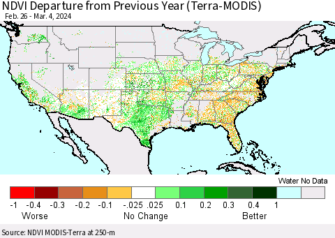 United States NDVI Departure from Previous Year (Terra-MODIS) Thematic Map For 2/26/2024 - 3/4/2024