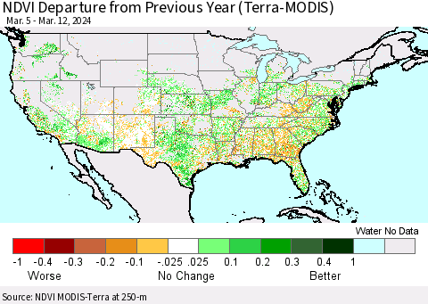 United States NDVI Departure from Previous Year (Terra-MODIS) Thematic Map For 3/5/2024 - 3/12/2024