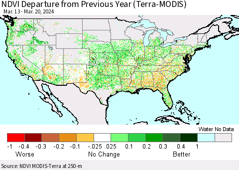 United States NDVI Departure from Previous Year (Terra-MODIS) Thematic Map For 3/13/2024 - 3/20/2024