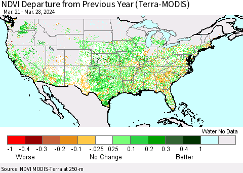 United States NDVI Departure from Previous Year (Terra-MODIS) Thematic Map For 3/21/2024 - 3/28/2024