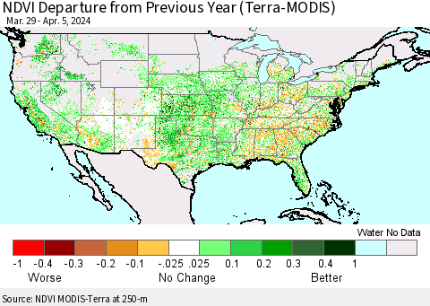 United States NDVI Departure from Previous Year (Terra-MODIS) Thematic Map For 3/29/2024 - 4/5/2024