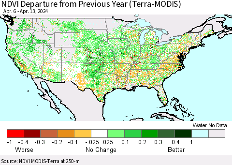 United States NDVI Departure from Previous Year (Terra-MODIS) Thematic Map For 4/6/2024 - 4/13/2024