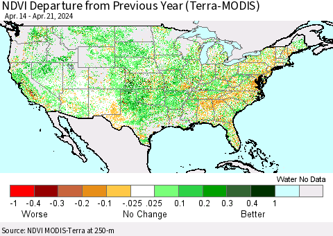 United States NDVI Departure from Previous Year (Terra-MODIS) Thematic Map For 4/14/2024 - 4/21/2024
