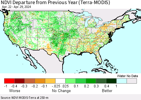United States NDVI Departure from Previous Year (Terra-MODIS) Thematic Map For 4/22/2024 - 4/29/2024