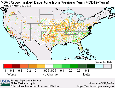 United States Cropland NDVI Departure from Previous Year (Terra-MODIS) Thematic Map For 3/11/2018 - 3/20/2018