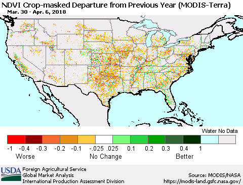 United States Cropland NDVI Departure from Previous Year (Terra-MODIS) Thematic Map For 4/1/2018 - 4/10/2018