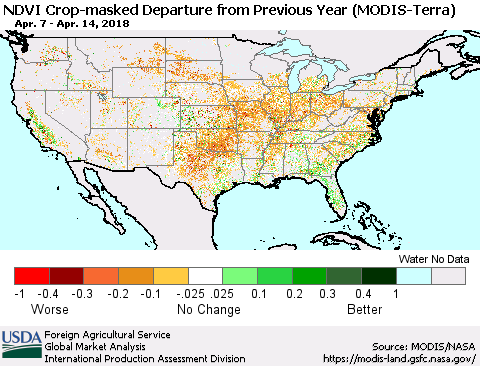 United States Cropland NDVI Departure from Previous Year (Terra-MODIS) Thematic Map For 4/11/2018 - 4/20/2018