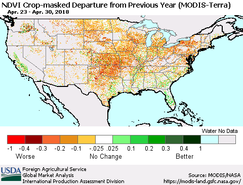 United States Cropland NDVI Departure from Previous Year (Terra-MODIS) Thematic Map For 4/21/2018 - 4/30/2018
