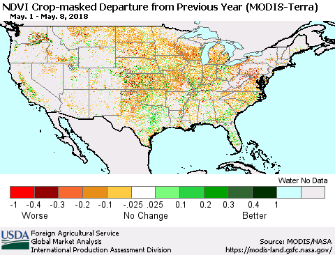 United States Cropland NDVI Departure from Previous Year (Terra-MODIS) Thematic Map For 5/1/2018 - 5/10/2018