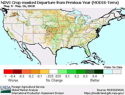 United States Cropland NDVI Departure from Previous Year (Terra-MODIS) Thematic Map For 5/11/2018 - 5/20/2018