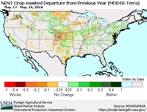 United States Cropland NDVI Departure from Previous Year (Terra-MODIS) Thematic Map For 5/21/2018 - 5/31/2018