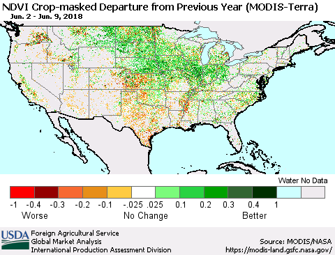 United States Cropland NDVI Departure from Previous Year (Terra-MODIS) Thematic Map For 6/1/2018 - 6/10/2018