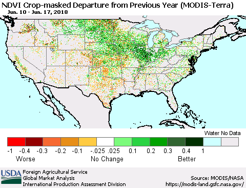 United States Cropland NDVI Departure from Previous Year (Terra-MODIS) Thematic Map For 6/11/2018 - 6/20/2018