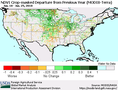 United States Cropland NDVI Departure from Previous Year (Terra-MODIS) Thematic Map For 6/21/2018 - 6/30/2018