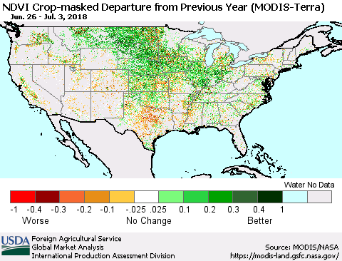 United States Cropland NDVI Departure from Previous Year (Terra-MODIS) Thematic Map For 7/1/2018 - 7/10/2018