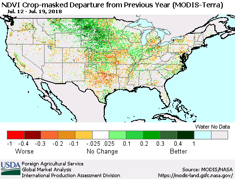 United States Cropland NDVI Departure from Previous Year (Terra-MODIS) Thematic Map For 7/11/2018 - 7/20/2018