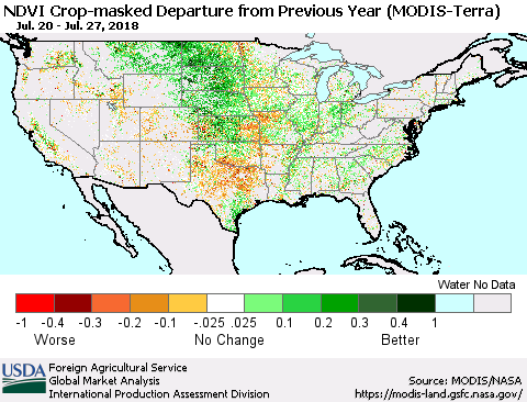 United States Cropland NDVI Departure from Previous Year (Terra-MODIS) Thematic Map For 7/21/2018 - 7/31/2018