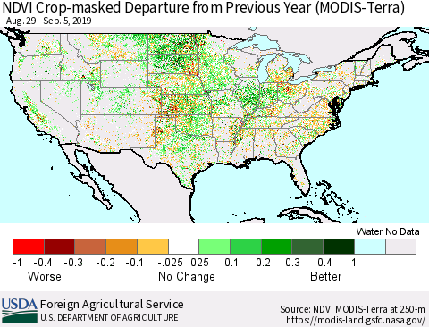 United States Cropland NDVI Departure from Previous Year (Terra-MODIS) Thematic Map For 9/1/2019 - 9/10/2019
