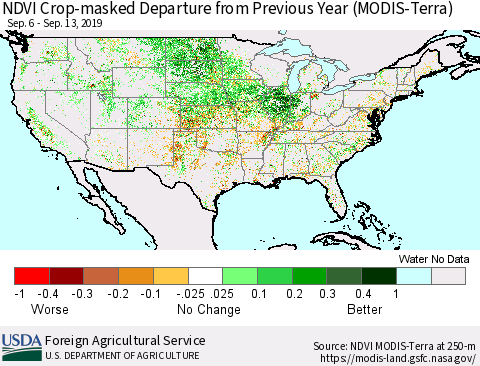 United States Cropland NDVI Departure from Previous Year (Terra-MODIS) Thematic Map For 9/11/2019 - 9/20/2019