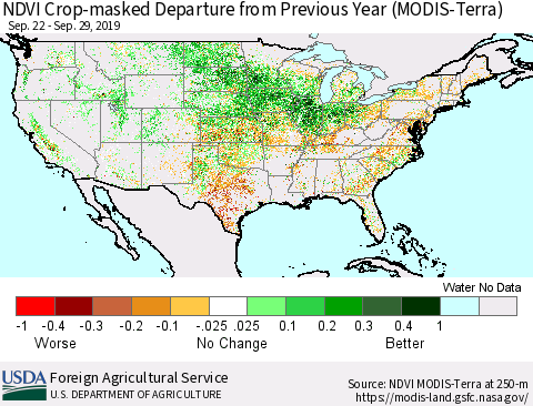 United States Cropland NDVI Departure from Previous Year (Terra-MODIS) Thematic Map For 9/21/2019 - 9/30/2019