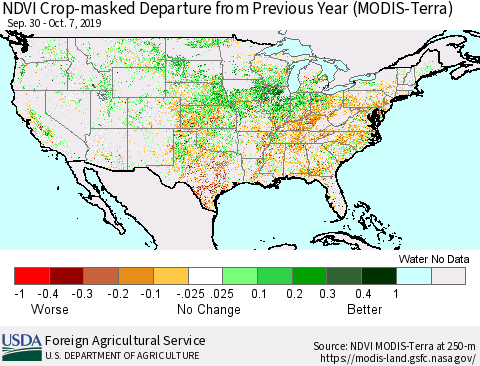 United States NDVI Crop-masked Departure from Previous Year (MODIS-Terra) Thematic Map For 10/1/2019 - 10/10/2019
