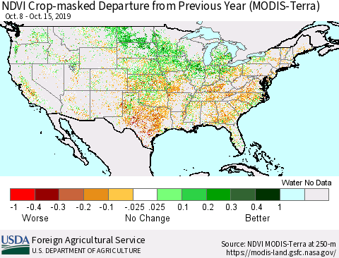 United States NDVI Crop-masked Departure from Previous Year (MODIS-Terra) Thematic Map For 10/11/2019 - 10/20/2019
