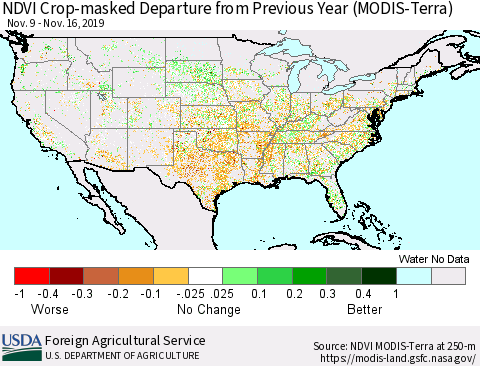 United States NDVI Crop-masked Departure from Previous Year (MODIS-Terra) Thematic Map For 11/11/2019 - 11/20/2019