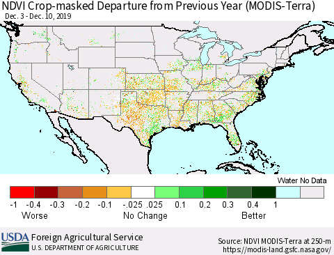 United States Cropland NDVI Departure from Previous Year (Terra-MODIS) Thematic Map For 12/1/2019 - 12/10/2019