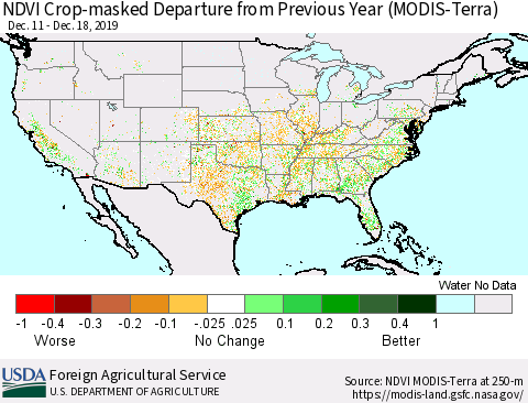United States NDVI Crop-masked Departure from Previous Year (MODIS-Terra) Thematic Map For 12/11/2019 - 12/20/2019