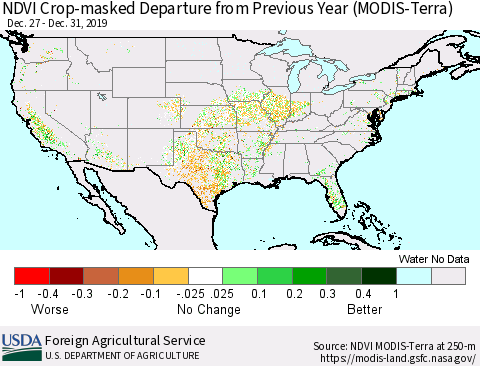 United States NDVI Crop-masked Departure from Previous Year (MODIS-Terra) Thematic Map For 12/21/2019 - 12/31/2019