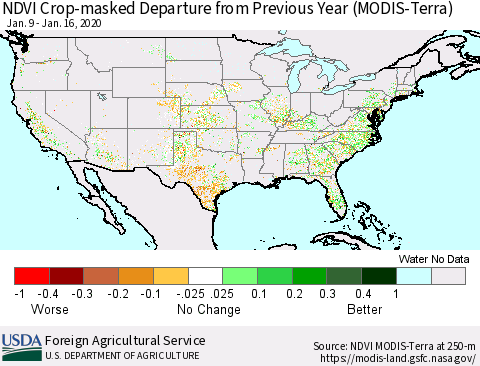 United States NDVI Crop-masked Departure from Previous Year (MODIS-Terra) Thematic Map For 1/11/2020 - 1/20/2020