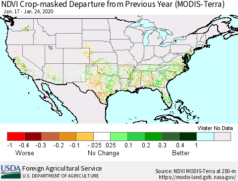 United States NDVI Crop-masked Departure from Previous Year (MODIS-Terra) Thematic Map For 1/21/2020 - 1/31/2020