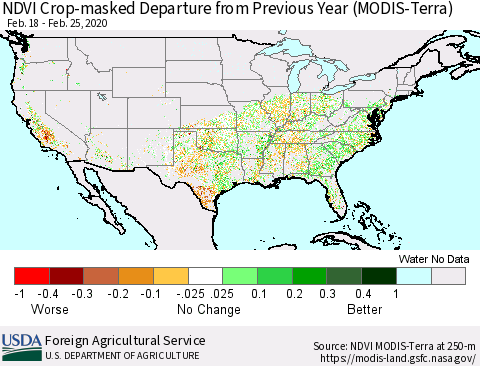 United States NDVI Crop-masked Departure from Previous Year (MODIS-Terra) Thematic Map For 2/21/2020 - 2/29/2020