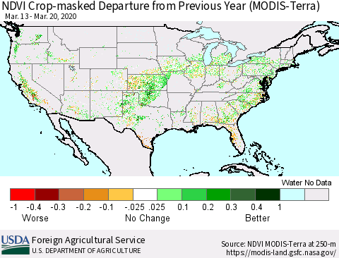 United States NDVI Crop-masked Departure from Previous Year (MODIS-Terra) Thematic Map For 3/11/2020 - 3/20/2020