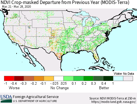 United States NDVI Crop-masked Departure from Previous Year (MODIS-Terra) Thematic Map For 3/21/2020 - 3/31/2020