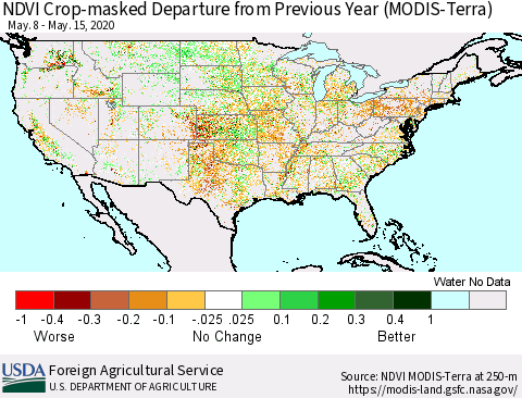 United States NDVI Crop-masked Departure from Previous Year (MODIS-Terra) Thematic Map For 5/11/2020 - 5/20/2020