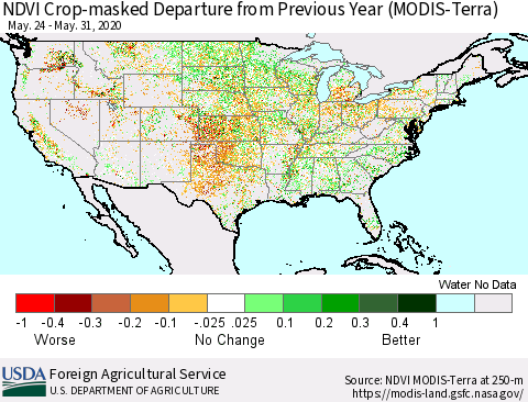 United States NDVI Crop-masked Departure from Previous Year (MODIS-Terra) Thematic Map For 5/21/2020 - 5/31/2020
