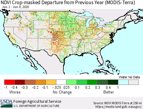 United States Cropland NDVI Departure from Previous Year (Terra-MODIS) Thematic Map For 6/1/2020 - 6/10/2020