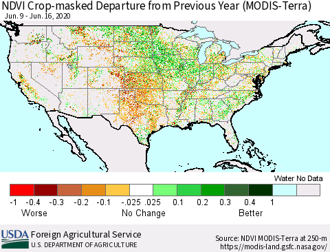 United States Cropland NDVI Departure from Previous Year (Terra-MODIS) Thematic Map For 6/11/2020 - 6/20/2020