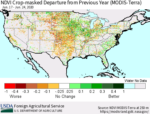 United States Cropland NDVI Departure from Previous Year (Terra-MODIS) Thematic Map For 6/21/2020 - 6/30/2020