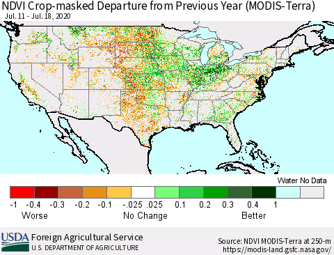 United States Cropland NDVI Departure from Previous Year (Terra-MODIS) Thematic Map For 7/11/2020 - 7/20/2020
