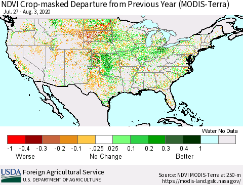 United States Cropland NDVI Departure from Previous Year (Terra-MODIS) Thematic Map For 8/1/2020 - 8/10/2020