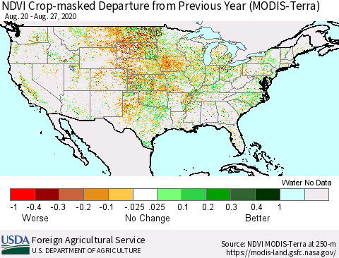 United States Cropland NDVI Departure from Previous Year (Terra-MODIS) Thematic Map For 8/21/2020 - 8/31/2020