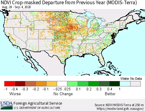 United States Cropland NDVI Departure from Previous Year (Terra-MODIS) Thematic Map For 9/1/2020 - 9/10/2020
