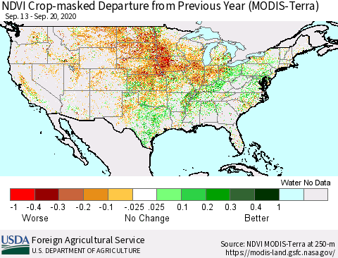 United States Cropland NDVI Departure from Previous Year (Terra-MODIS) Thematic Map For 9/11/2020 - 9/20/2020