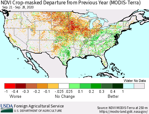 United States Cropland NDVI Departure from Previous Year (Terra-MODIS) Thematic Map For 9/21/2020 - 9/30/2020